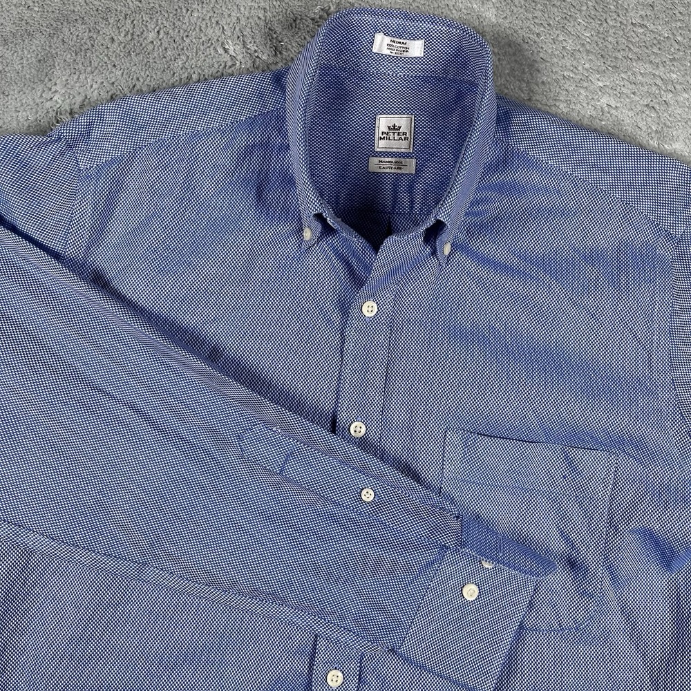 Peter Millar Shirt Men's M Nanoluxe Button Down Blue White Dotted Preppy Cotton